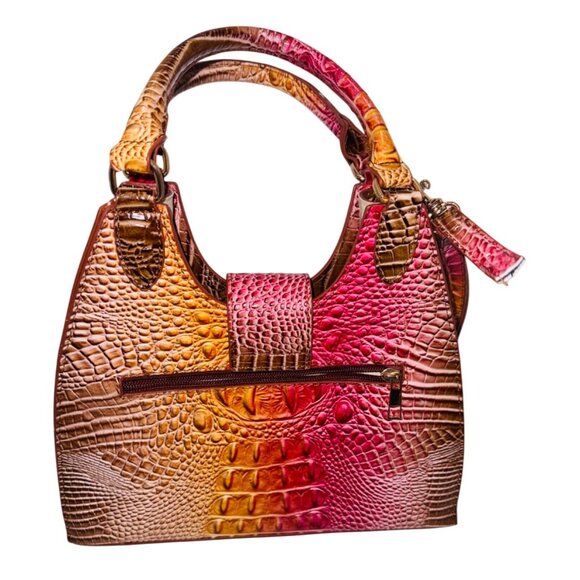 Croc Embossed Faux Leather Handbag Gradient Pink & Yellow Adjustable Strap - Picture 2 of 11